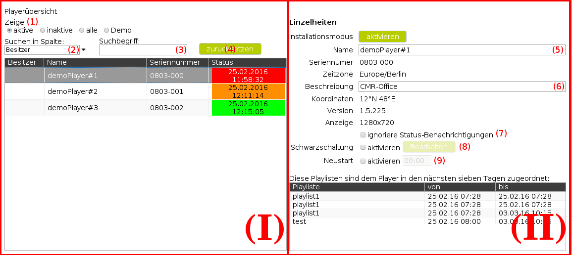 Übersichtsseite mit Auflistung aller ihrem Account zugeordneten Player