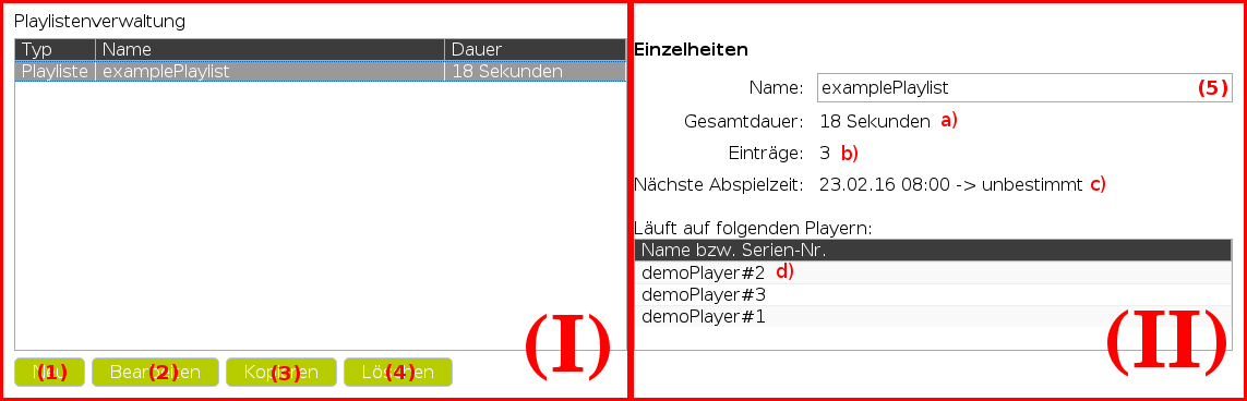 Ansicht: Startseite des Playlisten-Editors 