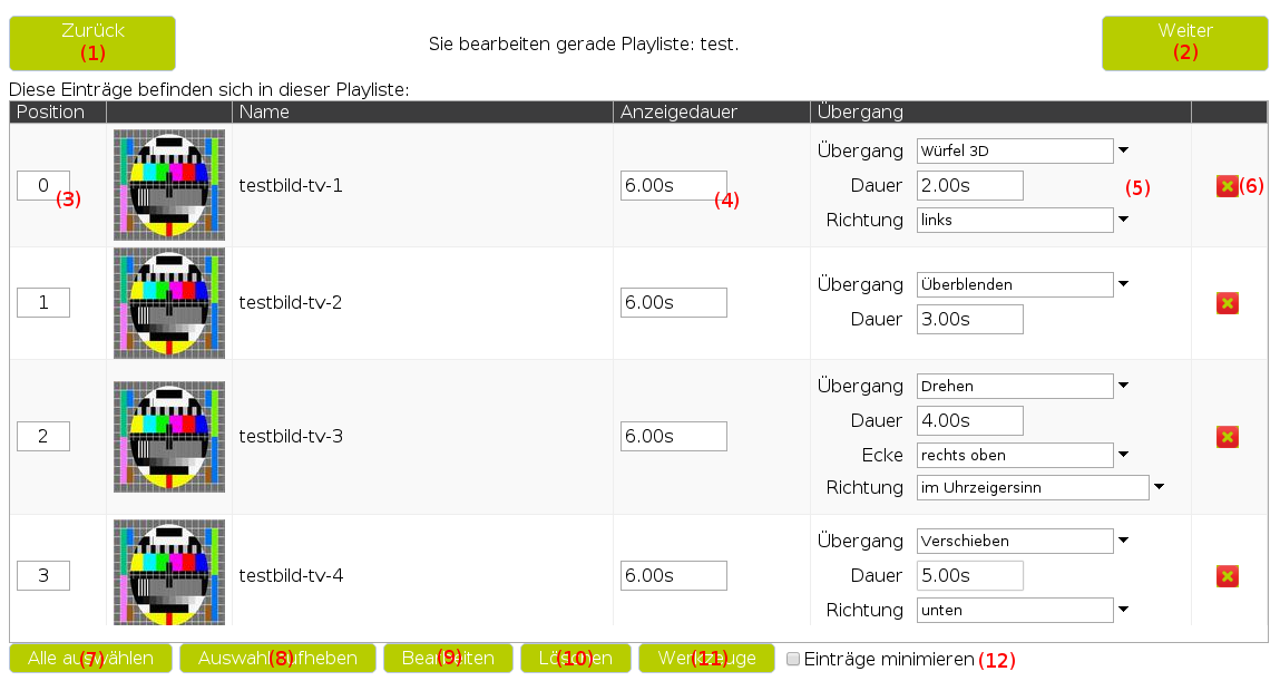 Playliste: Detail-Einstellungen