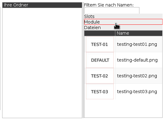 Wählen Sie im Playlisteneditor im Bereich der Dateiauswahl den Eintrag "Module"