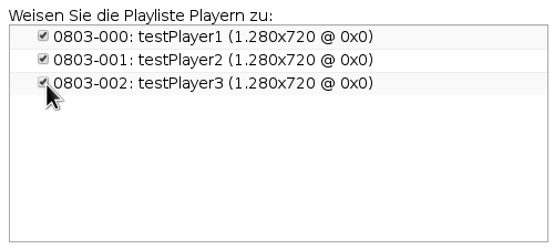 Zuweisung der Playliste auf zwei Player mit spezieller Konfiguration und auf einen Player ohne Konfiguration